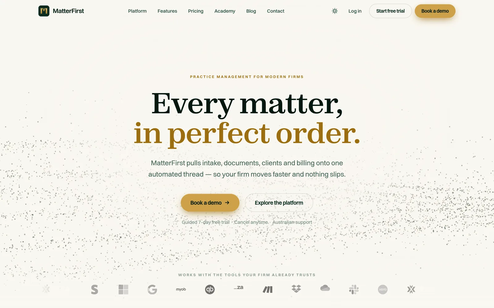 The Matter First landing page — Every matter, in perfect order.